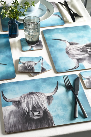 Set of 4 Teal Blue Hamish The Highland Cow Placemats And Coasters