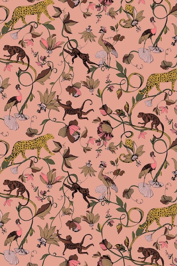 furn. Pink Exotic Wildlings Tropical Wallpaper Sample Wallpaper