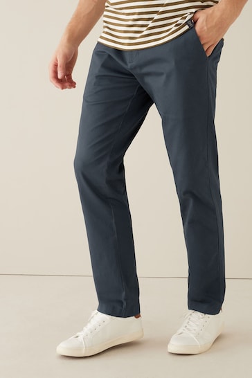 Navy Blue Straight Printed Belted Soft Touch Chino Trousers