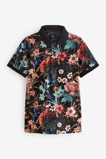 Black Floral Short Sleeve All Over Print Polo longues Shirt (3-16yrs)