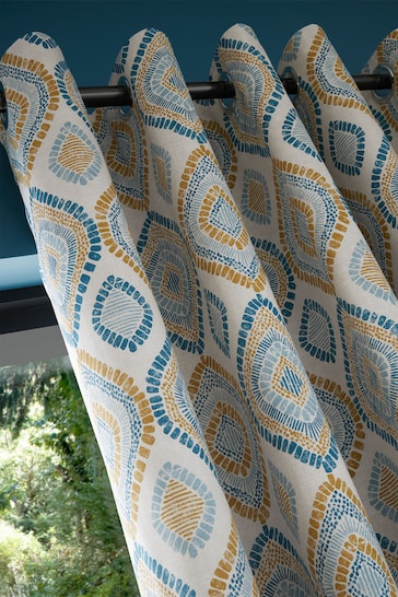 Pineapple Elephant Teal Blue Ziri Eyelet 100% Cotton Curtains