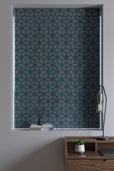 Teal Blue Flock Geo Made To Measure Roman Blinds