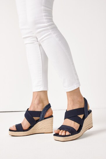 Navy Blue Extra Wide Fit Forever Comfort® Elasticated Cross-Over Espadrille Wedges