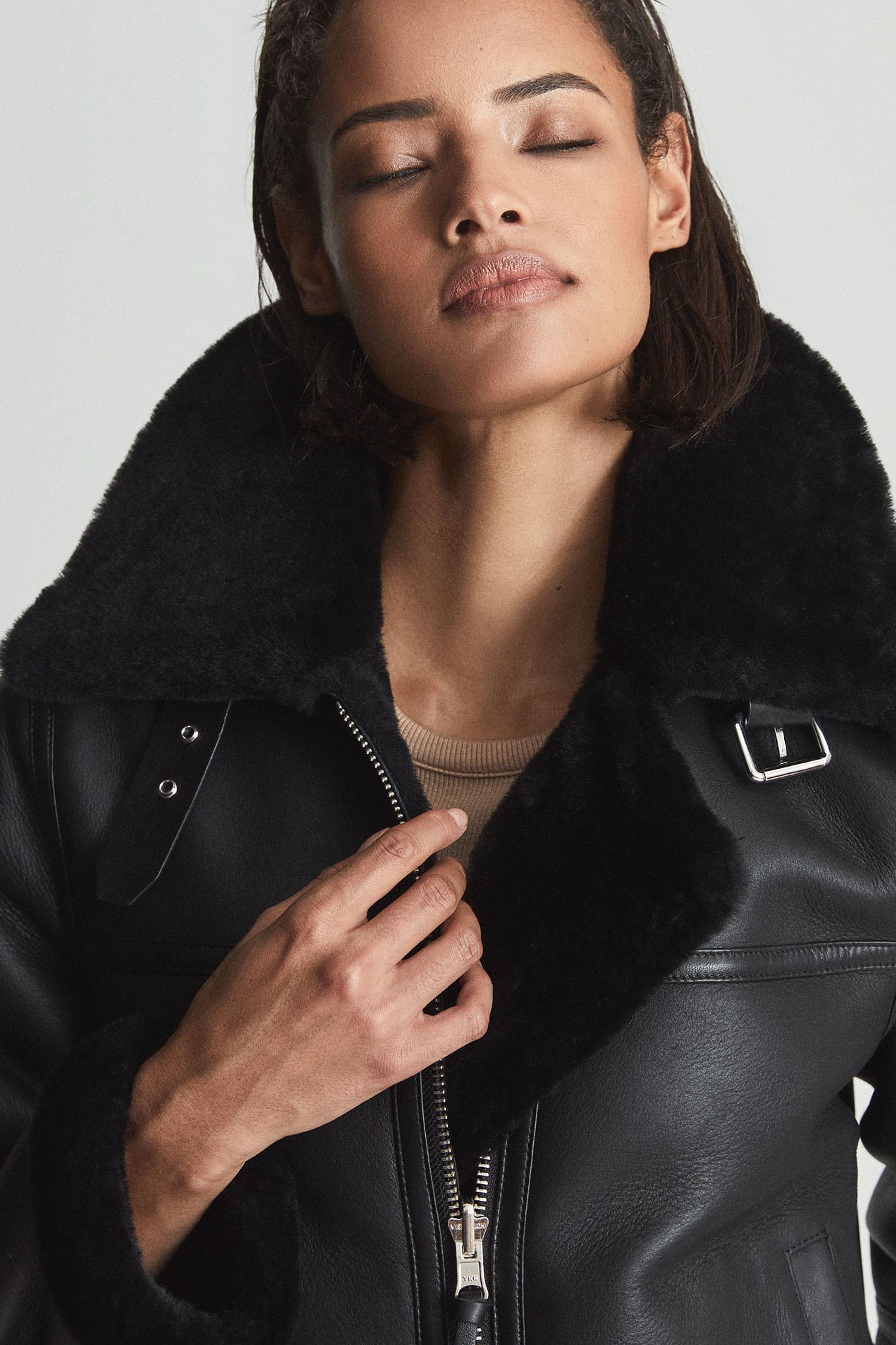 Reiss Black Macey Reversible Shearling Aviator Jacket