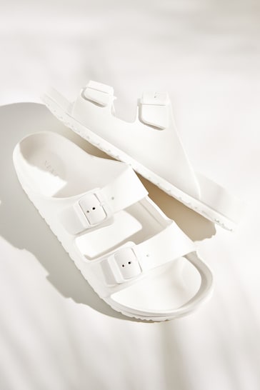 White EVA Double Strap Flat Slider Sandals With Adjustable Buckles