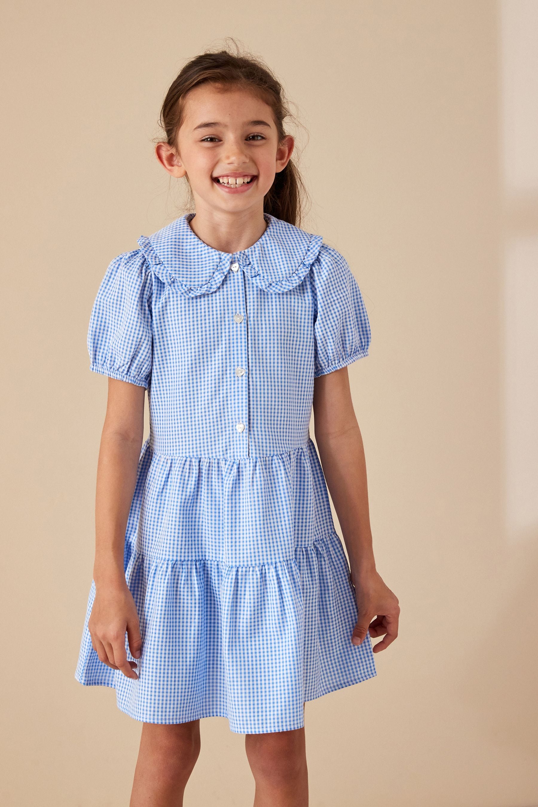 Blue and white gingham school dress shop