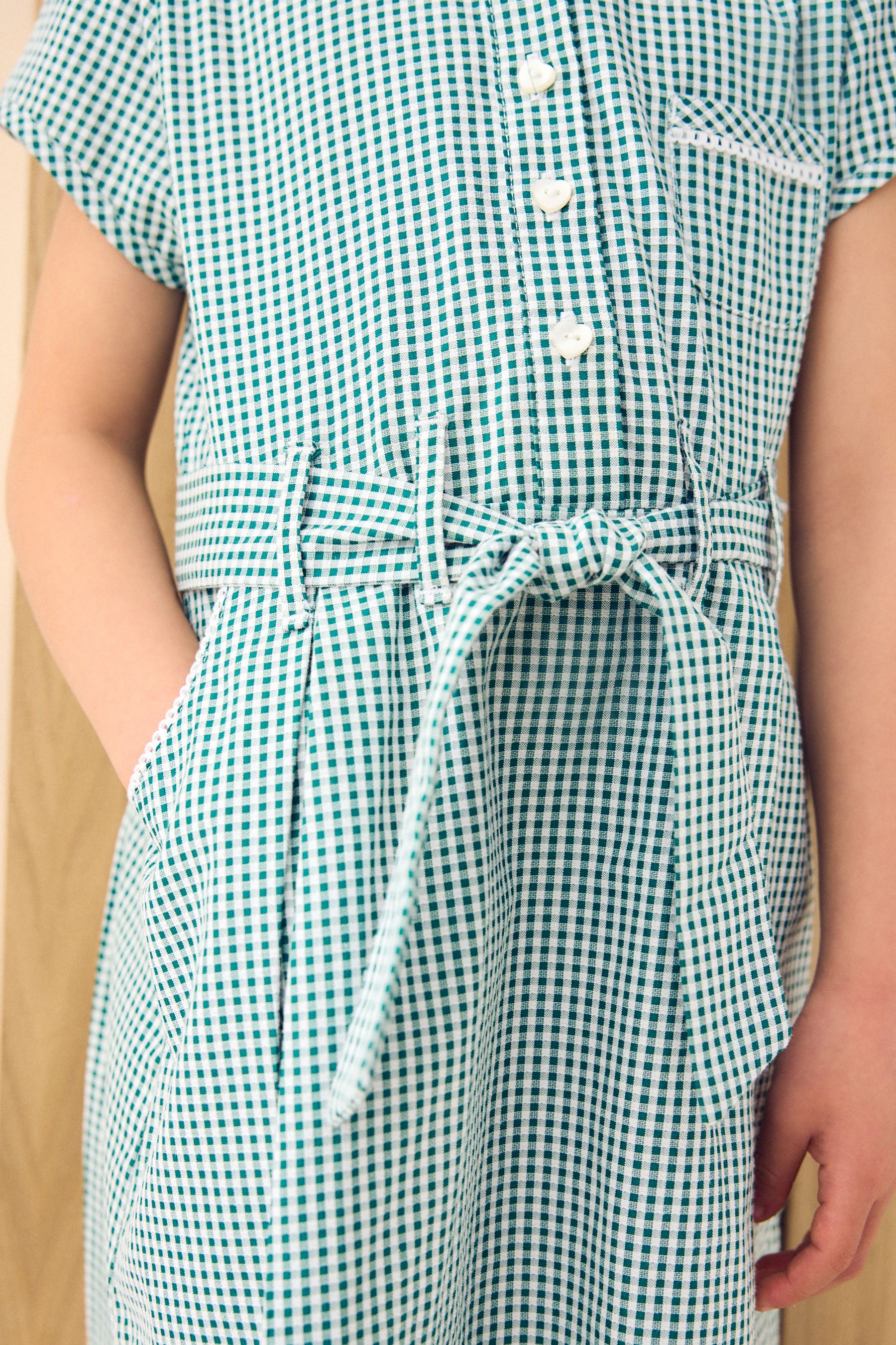 Green Gingham Cotton Rich Belted School Dress With Scrunchie 3 14yrs