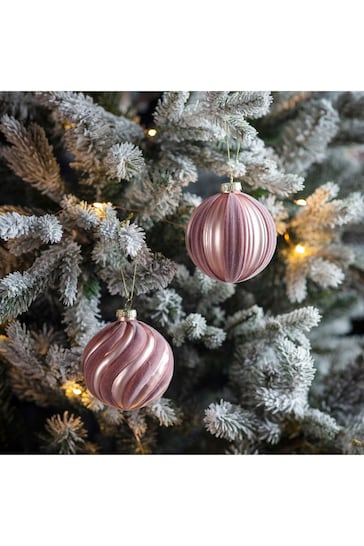 Gallery Home Set of 6 Pink Assorted Blush Flock Stripe Christmas Baubles