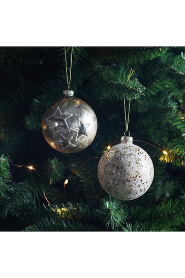 Gallery Home Set of 6 Pale Gold/White Glitter Star White Christmas Baubles