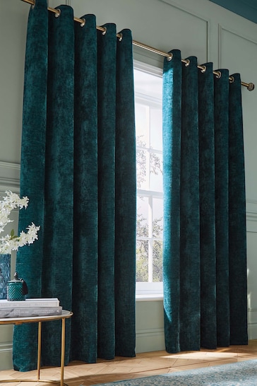 Hyperion Teal Blue Selene Luxury Chenille Weighted Thermal Lined Eyelet Curtains