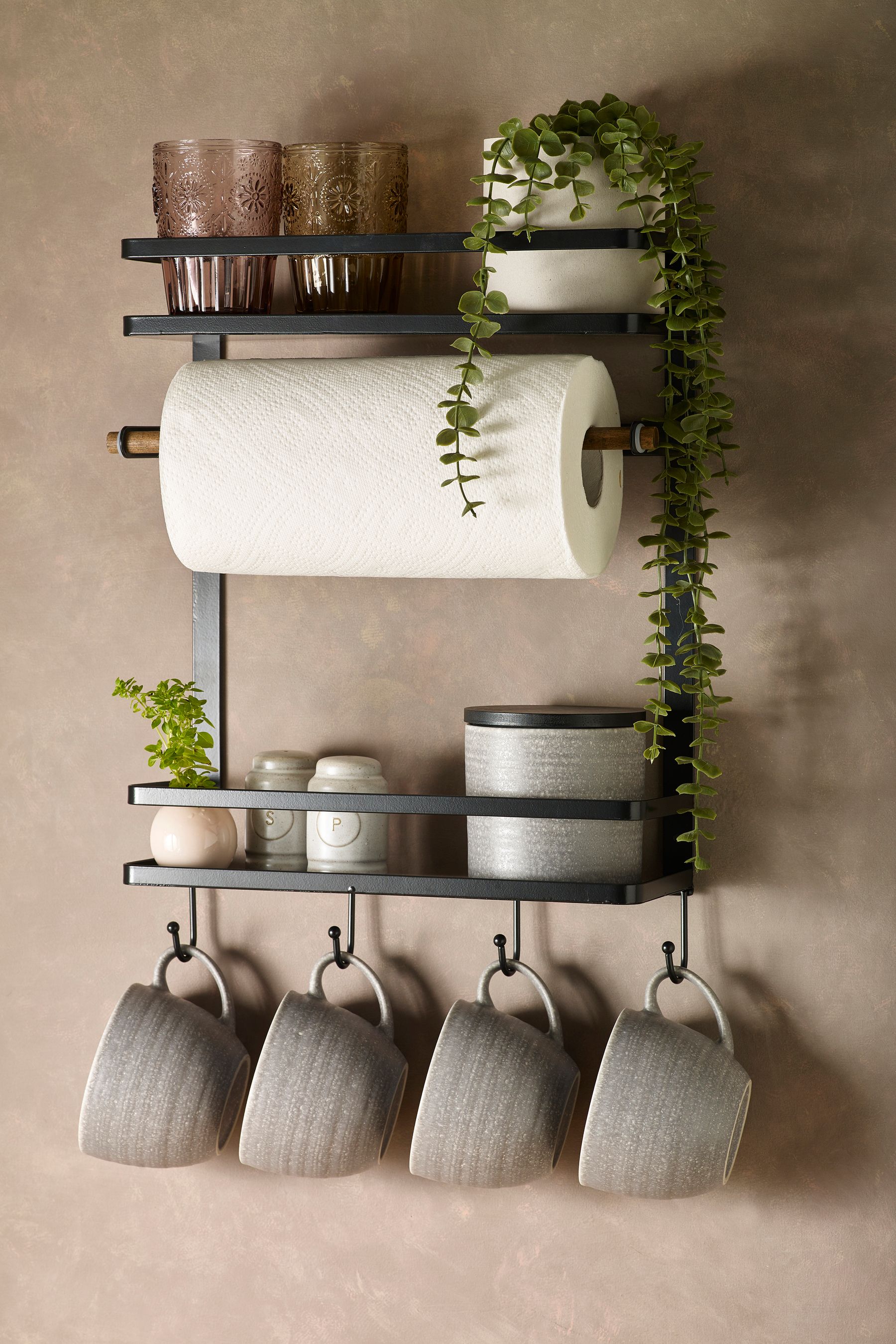 Kitchen wall rack store with hooks