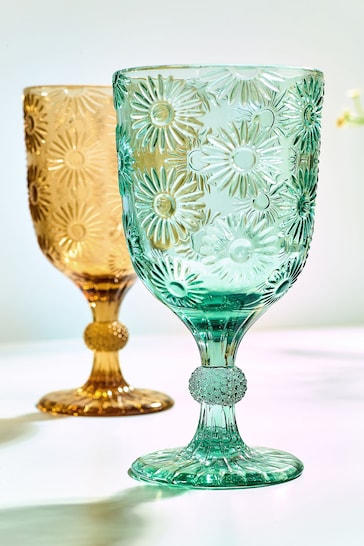Multi Set of 4 Lisse Floral Pressed Wine Glasses