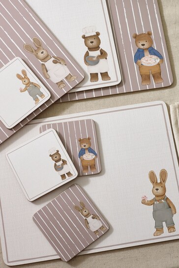 Set of 4 Natural Bertie Bear and Rosie Rabbit Corkback Placemats and Coasters