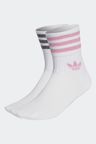 adidas Originals White/Pink Mid Cut Glitter Crew Socks 2 Pairs