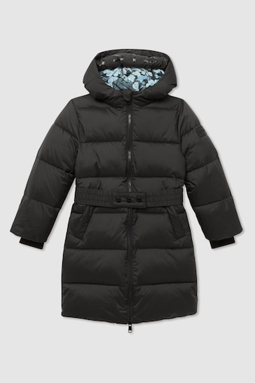 Reiss Black Tia Senior Longline Quilted Hooded Coat