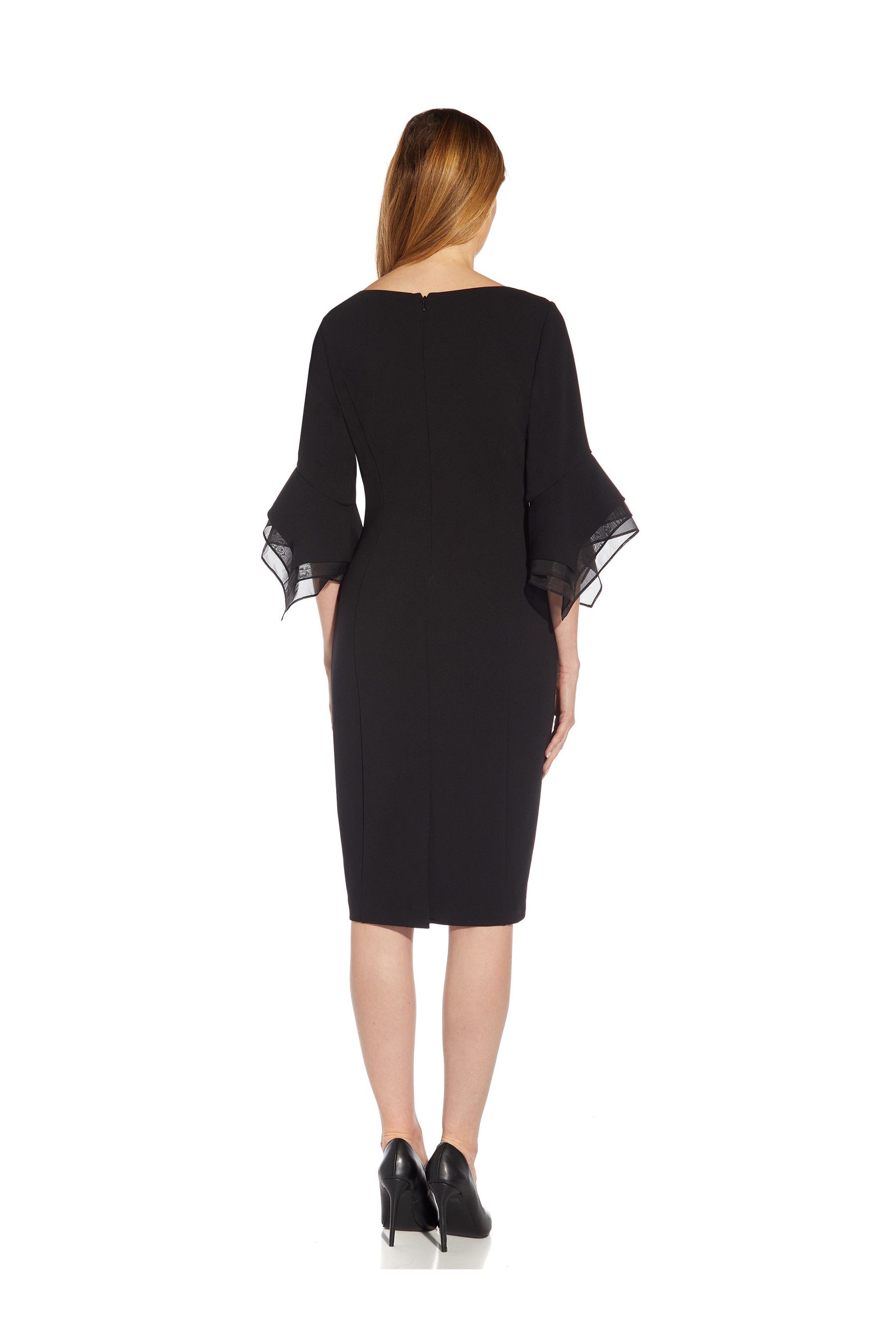 Adrianna Papell Black Knit Crepe Tiered Sleeve Dress