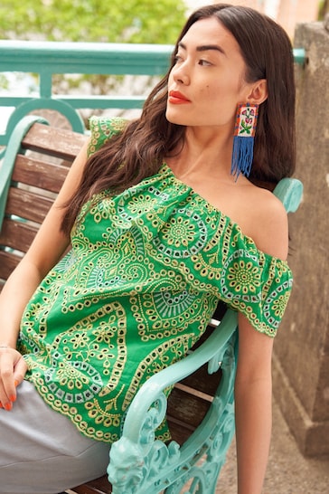 Another Sunday Green One Shoulder Ruffle Blouse With Broderie