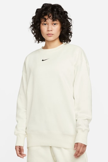 Nike Cream Phoenix Fleece Oversized Mini Swoosh Crew Neck Sweatshirt