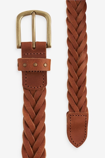 Tan Brown Plaited Leather Belt