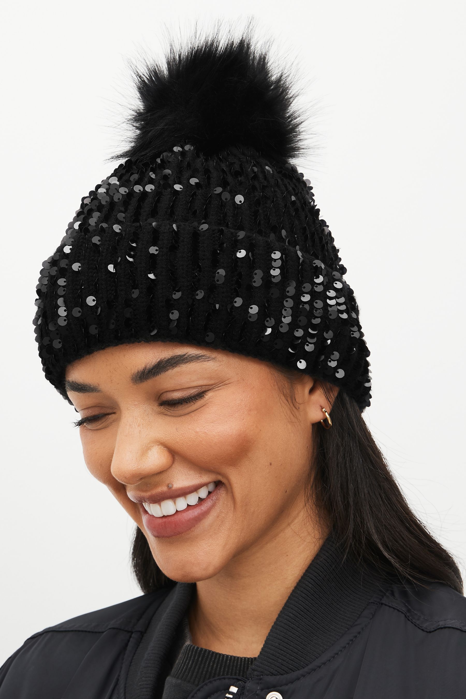 Buy Black Sequin Pom Hat from the Next UK online shop