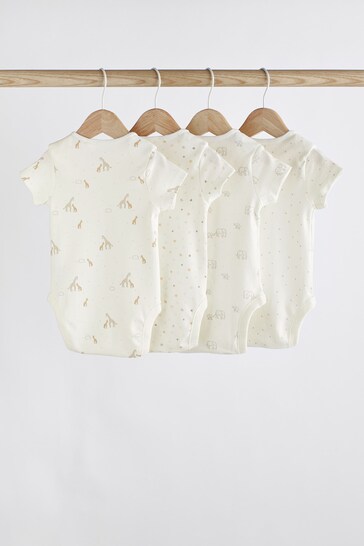 Delicate White Animal 4 Pack Baby Printed Short Sleeve Bodysuits
