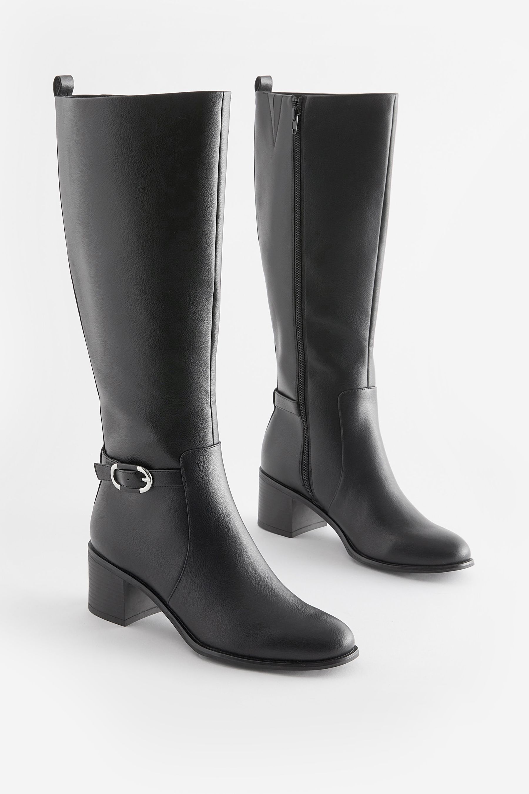 Black Forever Comfort Buckle Detail Knee High Boots