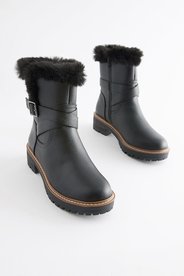 Black Regular/Wide Fit Forever Comfort® Faux Fur Lined Buckle Detail Boots
