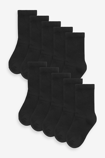 Black 10 Pack Cotton Rich Cushioned Footbed Ribbed Socks