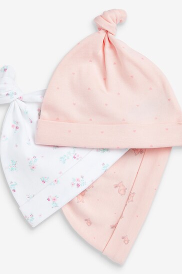 Pale Pink Floral Baby Tie Top Hat neutri 3 Packs (0-18mths)