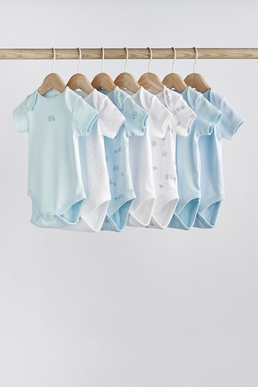 Blue/White Elephant 7 Pack Short Sleeve Baby Bodysuits