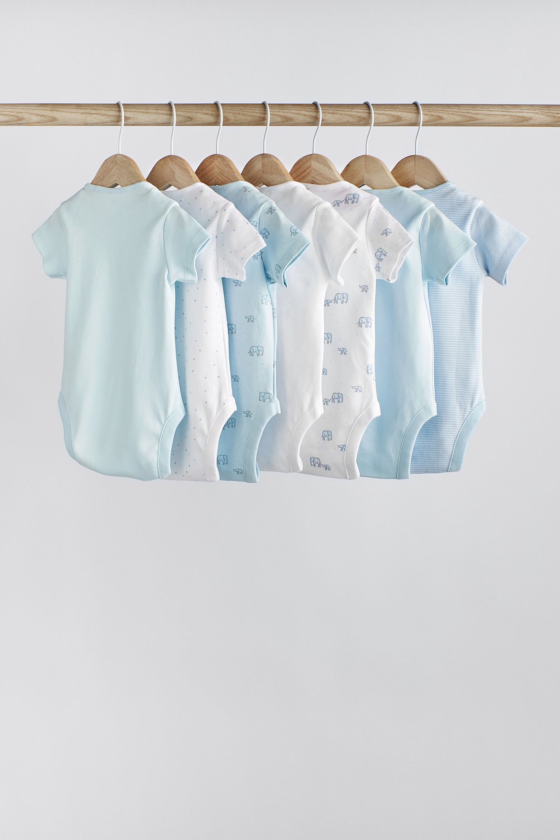 Buy Blue White Elephant 7 Pack Short Sleeve Baby Bodysuits from