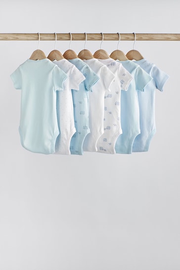 Blue/White Elephant 7 Pack Short Sleeve Baby Bodysuits