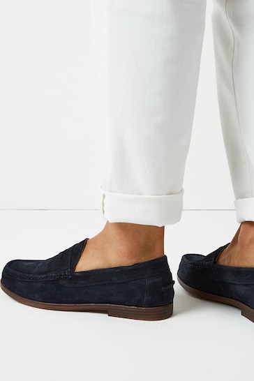 Navy Blue Suede Regular Fit Penny Loafers