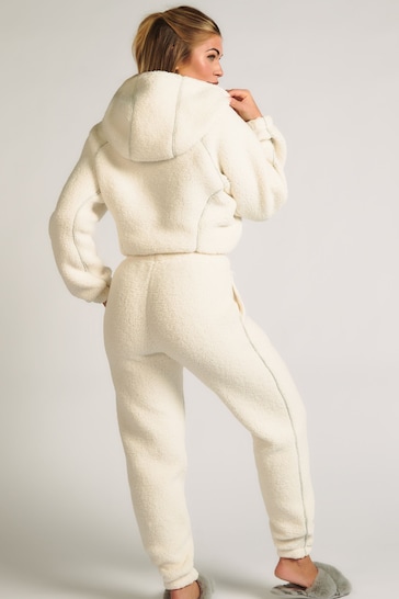 Boux Avenue White Borg Cropped Hoodie & Jogger Pyjama Loungewear Set