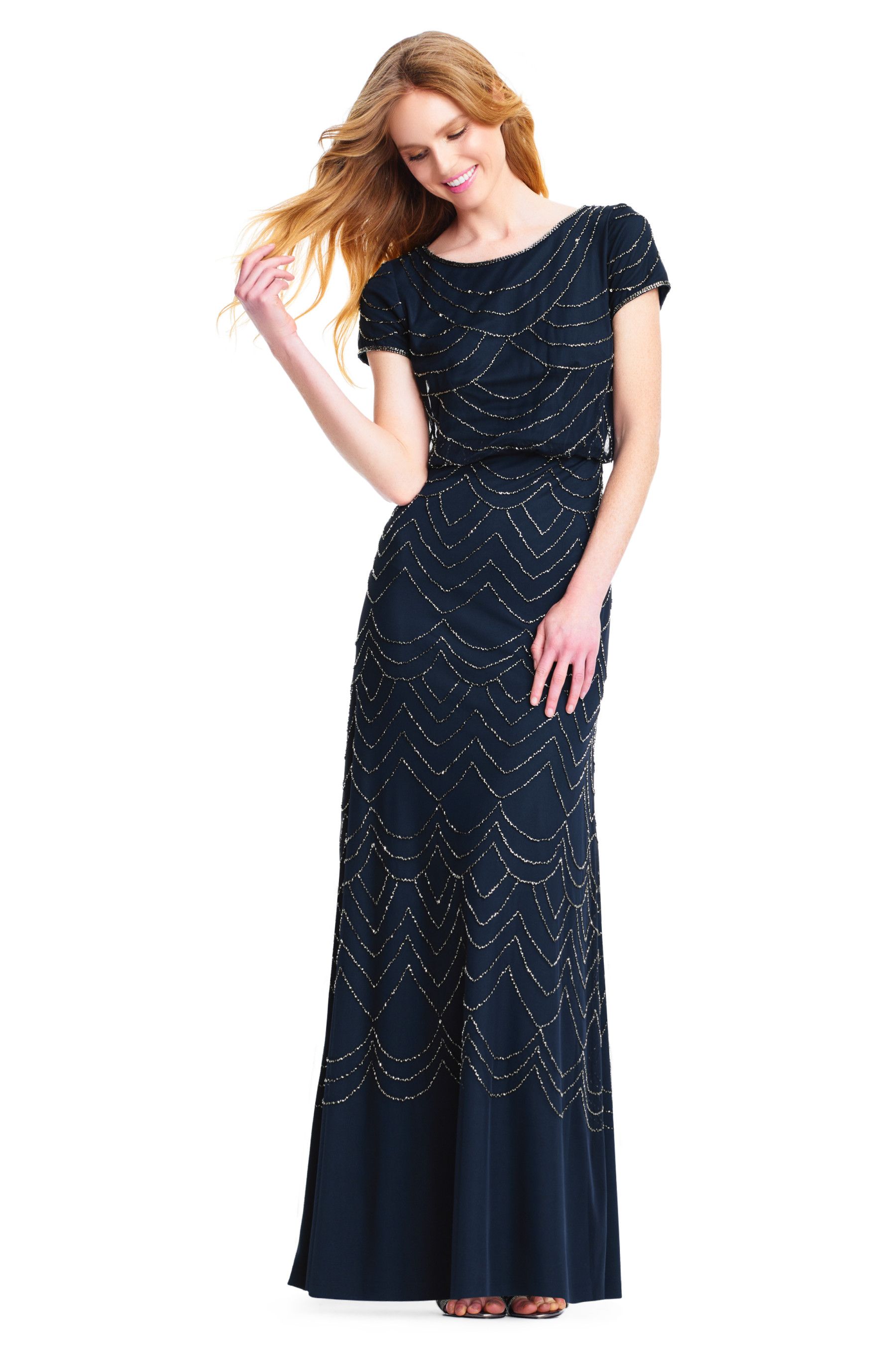 Adrianna Papell Short Sleeve Blouson Beaded Gown