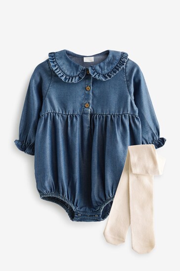 Denim Blue Baby Woven Bloomer Romper with Tight Set (0mths-3yrs)