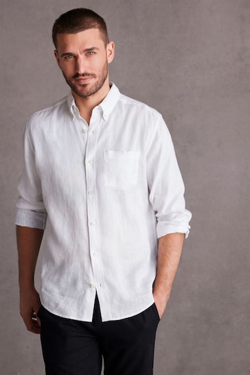 White Standard Collar Signature 100% Linen Long Sleeve Shirt