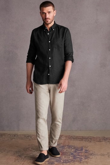Black Standard Collar Signature 100% Linen Long Sleeve Shirt