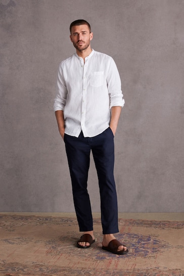 White Grandad Collar Signature 100% Linen Long Sleeve Shirt