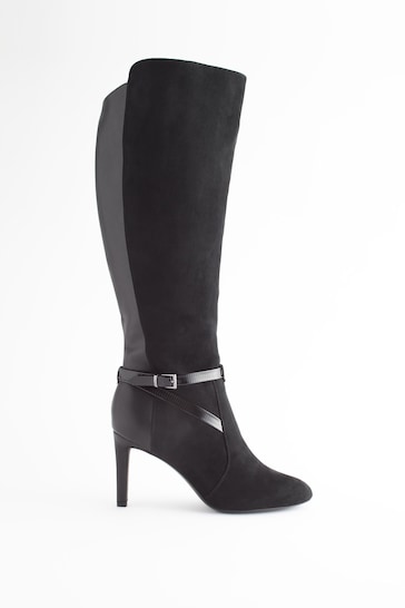 Black Extra Wide Fit Forever Comfort® Buckle Detail Heeled Knee High Boots
