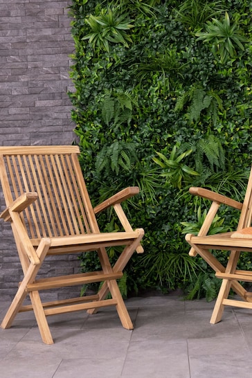 Charles Bentley Natural Pair of Folding Teak Garden Arm Chairs