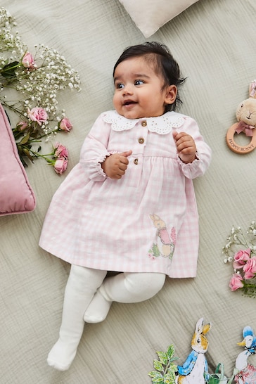 JoJo Maman Bébé Pink Peter Rabbit Gingham Appliqué Dress & Tights Set