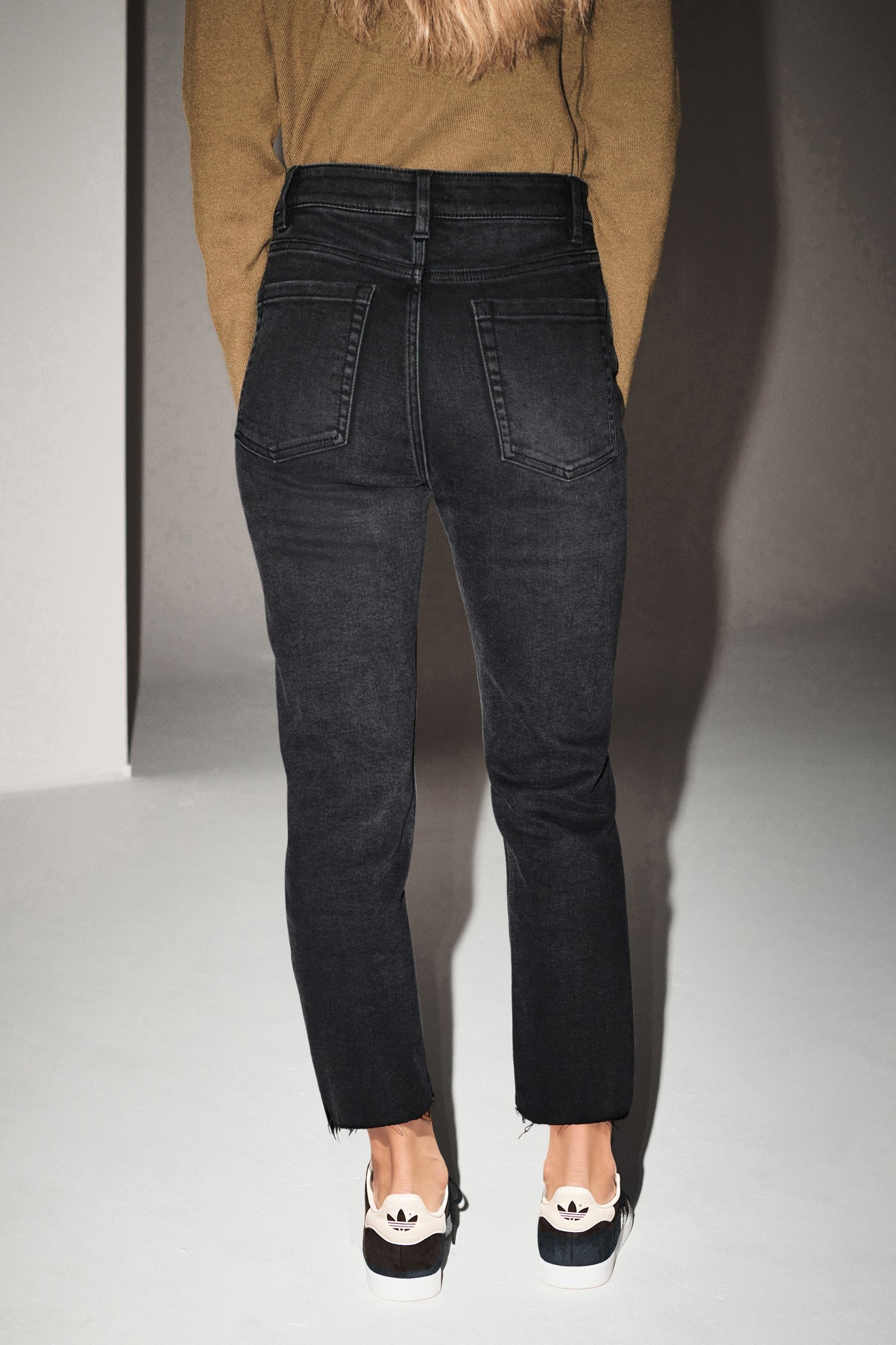 Washed Black Straight Leg Jeans With Raw Hem