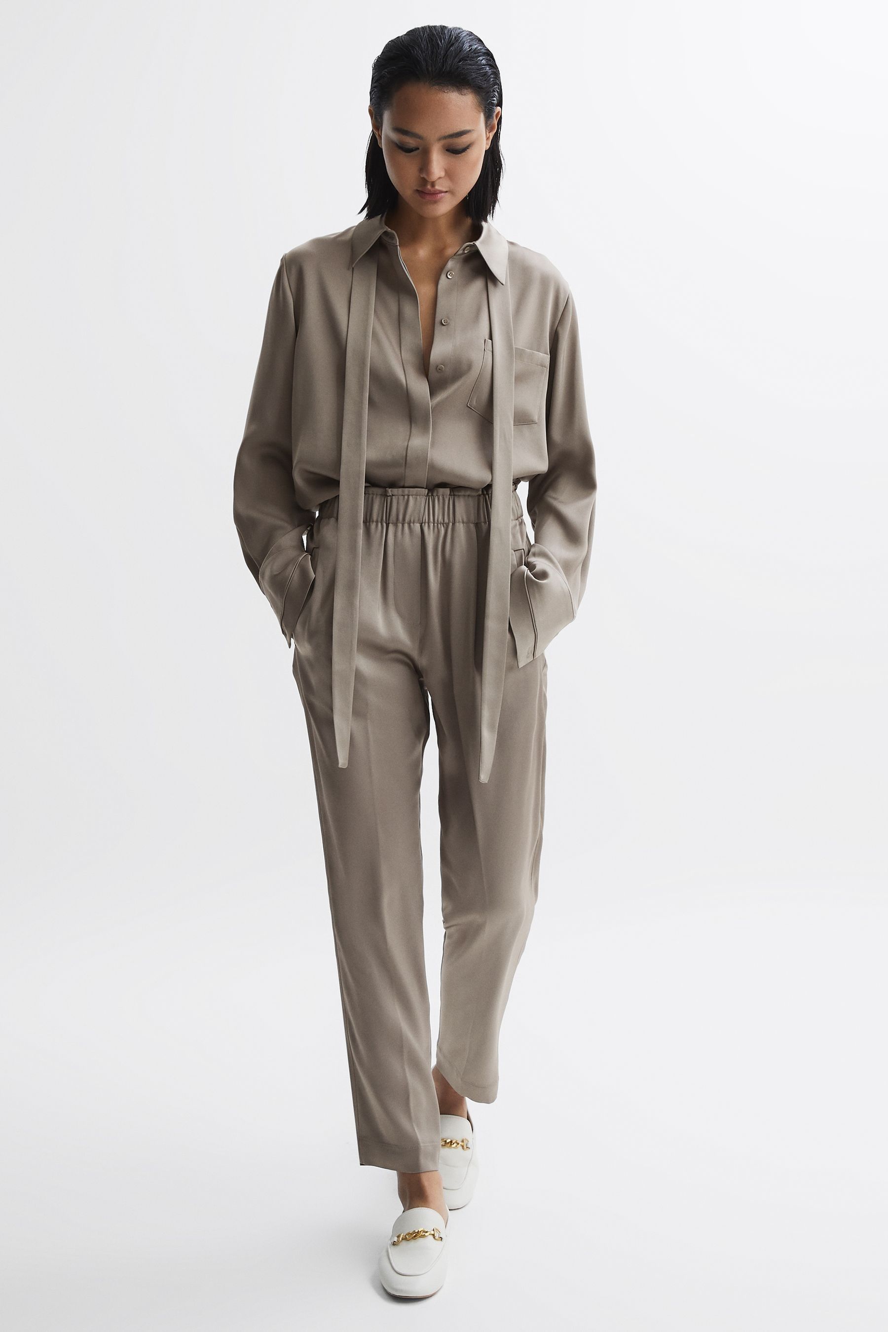Satin tapered trousers clearance