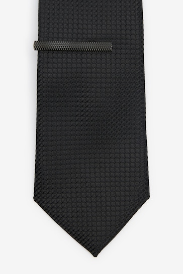 Black Slim Textured Tie And Clip
