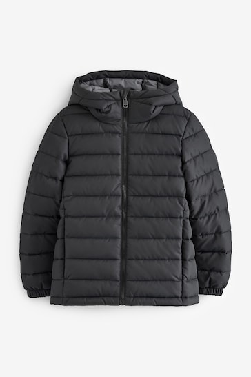 Black Quilted Midweight Hooded Jacket (3-17yrs)