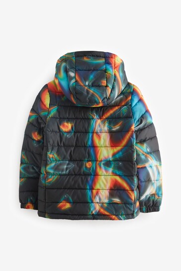 Black Print Quilted Midweight Hooded Jacket (3-16yrs)