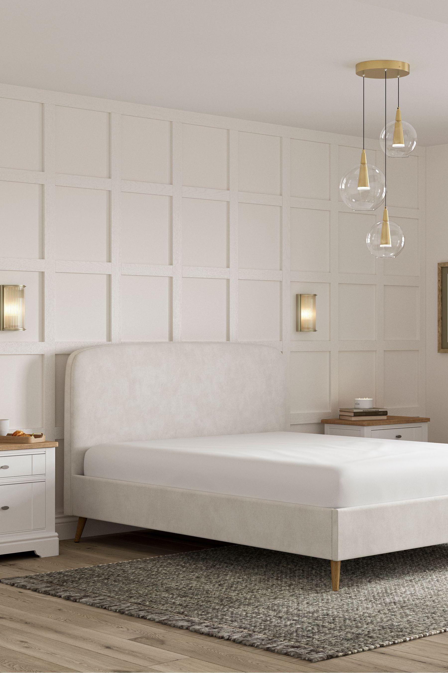 White platform top upholstered bed