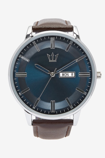 Brown/Navy Classic Signature Watch With Leather Strap
