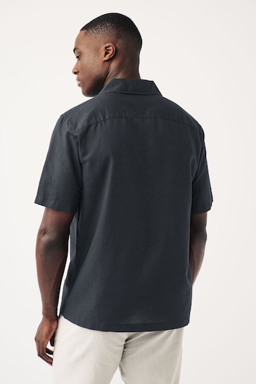 Black Cuban Collar Linen Blend Short Sleeve Shirt